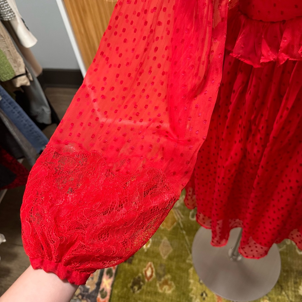 Free People Red Ruffle Swiss Dot Long-Sleeve Mini Dress XS - Picture 6 of 9